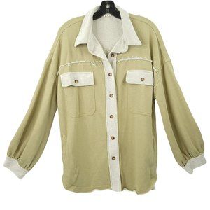 POL Khaki French Terry Shacket Jacket Womens S Button Front Raw Frayed Seam Boho